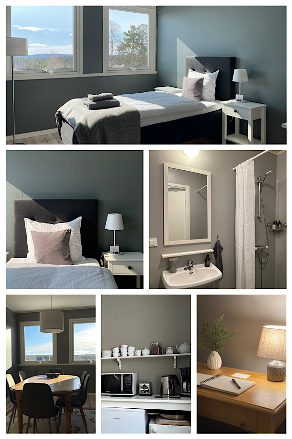 Single room at ÁILU Hotel with continental bed and forest view